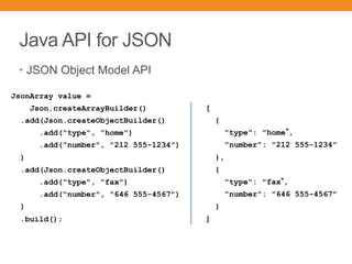 Java API for JSON
• JSON Object Model API
[
{
"type": "home ,
"number": "212 555-1234"
},
{
"type": "fax ,
"number": "646 555-4567"
}
]
JsonArray value =
Json.createArrayBuilder()
.add(Json.createObjectBuilder()
.add("type", "home")
.add("number", "212 555-1234")
)
.add(Json.createObjectBuilder()
.add("type", "fax")
.add("number", "646 555-4567")
)
.build();
 