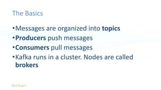 The Basics
•Messages are organized into topics
•Producers push messages
•Consumers pull messages
•Kafka runs in a cluster. Nodes are called
brokers
 