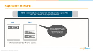 c
Rack 1 Rack 2
Replication in HDFS
HDFS overcomes the issue of DataNode failure by creating copies of the
data; this is known as the replication method
Block ADN 1 DN 1
Block ADN 5
Block A is replicated. The
replication factor is 3. The
replicas are stored in
different DataNodes
Block ADN 6
2 replicas cannot be stored on the same datanode
 