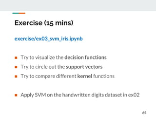 Exercise (15 mins)
exercise/ex03_svm_iris.ipynb
 Try to visualize the decision functions
 Try to circle out the support vectors
 Try to compare different kernel functions
 Apply SVM on the handwritten digits dataset in ex02
65
 
