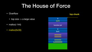 • Overﬂow

• top size -> a large value

• malloc(-144)

• malloc(0x30)
The House of Force
0
function ptr
0
top chunk
0x79
0x41
aaaaaaaa
aaaaaaaa
aaaaaaaa
0xffffffffffffffff
 