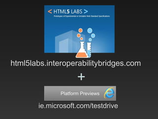 html5labs.interoperabilitybridges.com
ie.microsoft.com/testdrive
+
 