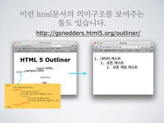 section은 html의 의미구조에 새로운
의미구조를 부여하게 됩니다.
div  
   h1네이버  캐스트/h1  
   h2오픈  캐스트/h2  
   p이것은  오픈  캐스트의  내용입니다./p  
   h3오픈  게임  캐스트/h3  
   p이것은  오픈캐스트의  내용입니다./p  
/div
• 네이버 캐스트
• 오픈 캐스트
• 오픈 게임 캐스트
div  
   h1네이버  캐스트/h1  
   section  
      h1오픈  캐스트/h1  
      p이것은  오픈  캐스트의  내용입니다./p  
      section  
         h1오픈  게임  캐스트/h1  
         p이것은  오픈캐스트의  내용입니다./p  
      /section  
   /section  
/div
• 네이버 캐스트
• 오픈 캐스트
• 오픈 게임 캐스트
xhtml
html5
 