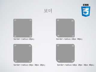 컬러와 투명도
background:  hsla(120,  95%,  29%,  0.7);  
color:  rgba(98,  33,  128,  0.5);  
opacity:  0.7;
투명도
 