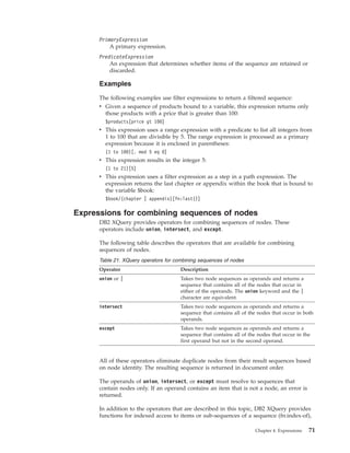 PrimaryExpression
A primary expression.
PredicateExpression
An expression that determines whether items of the sequence are retained or
discarded.
Examples
The following examples use filter expressions to return a filtered sequence:
v Given a sequence of products bound to a variable, this expression returns only
those products with a price that is greater than 100:
$products[price gt 100]
v This expression uses a range expression with a predicate to list all integers from
1 to 100 that are divisible by 5. The range expression is processed as a primary
expression because it is enclosed in parentheses:
(1 to 100)[. mod 5 eq 0]
v This expression results in the integer 5:
(1 to 21)[5]
v This expression uses a filter expression as a step in a path expression. The
expression returns the last chapter or appendix within the book that is bound to
the variable $book:
$book/(chapter | appendix)[fn:last()]
Expressions for combining sequences of nodes
DB2 XQuery provides operators for combining sequences of nodes. These
operators include union, intersect, and except.
The following table describes the operators that are available for combining
sequences of nodes.
Table 21. XQuery operators for combining sequences of nodes
Operator Description
union or | Takes two node sequences as operands and returns a
sequence that contains all of the nodes that occur in
either of the operands. The union keyword and the |
character are equivalent.
intersect Takes two node sequences as operands and returns a
sequence that contains all of the nodes that occur in both
operands.
except Takes two node sequences as operands and returns a
sequence that contains all of the nodes that occur in the
first operand but not in the second operand.
All of these operators eliminate duplicate nodes from their result sequences based
on node identity. The resulting sequence is returned in document order.
The operands of union, intersect, or except must resolve to sequences that
contain nodes only. If an operand contains an item that is not a node, an error is
returned.
In addition to the operators that are described in this topic, DB2 XQuery provides
functions for indexed access to items or sub-sequences of a sequence (fn:index-of),
Chapter 4. Expressions 71
 