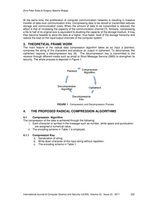Zirra Peter Buba & Gregory Maksha Wajiga
International Journal of Computer Science and Security (IJCSS), Volume (5) : Issue (2) : 2011 222
At the same time, the proliferation of computer communication networks is resulting in massive
transfer of data over communication links. Compressing data to be stored or transmitted reduces
storage and communication costs. When the amount of data to be transmitted is reduced, the
effect is that of increasing the capacity of the communication channel [7]. Similarly, compressing
a file to half of its original size is equivalent to doubling the capacity of the storage medium. It may
then become feasible to store the data at a higher, thus faster, level of the storage hierarchy and
reduce the load on the input/output channels of the computer system.
3. THEORETICAL FRAME WORK
The main feature of the radical data compression algorithm takes as an input a plaintext,
compress the string of the characters and produce an output in ciphertext. To decompress, the
ciphertext requires a decompression key [8]. The decompression key is transmitted to the
receiver through different media such as email or Short Message Service (SMS) to strengthen its
security. The whole process is depicted in Figure 1.
4. THE PROPOSED RADICAL COMPRESSION ALGORITHMS
4.1 Compression Algorithm
The compression of the data is achieved through the following:
i. Each character or symbol in the message such as number, white space and punctuation
are assigned a numerical value.
ii. The encoding scheme in Table 1 is employed.
4.1.1 Compression Key
a. Serialization of string.
b. Write down character of the input string without repetition.
c. The encoding scheme in Table 1.
FIGURE 1: Compression and Decompression Process
 