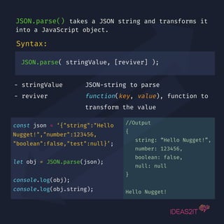 JSON.parse() takes a JSON string and transforms it
into a JavaScript object.
Syntax:
JSON.parse( stringValue, [reviver] );
- stringValue JSON-string to parse
- reviver function(key, value), function to
transform the value
const json = ‘{"string":"Hello
Nugget!","number":123456,
"boolean":false,"test":null}’;
let obj = JSON.parse(json);
console.log(obj);
console.log(obj.string);
//Output
{
string: “Hello Nugget!”,
number: 123456,
boolean: false,
null: null
}
Hello Nugget!
 