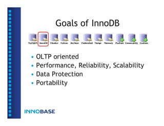 Goals of InnoDB
• OLTP oriented
• Performance, Reliability, Scalability
• Data Protection
• Portability
 