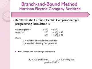 Branch-and-Bound Method
Harrison Electric Company Revisited
 Recall that the Harrison Electric Company’s integer
programming formulation is
Maximize profit = $7X1 + $6X2
subject to 2X1 + 3X2 ≤ 12
6X1 + 5X2 ≤ 30
where
X1 = number of chandeliers produced
X2 = number of ceiling fans produced
 And the optimal non-integer solution is
X1 = 3.75 chandeliers, X2 = 1.5 ceiling fans
profit = $35.25
 