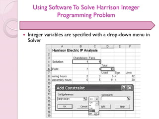Using Software To Solve Harrison Integer
Programming Problem
 Integer variables are specified with a drop-down menu in
Solver
 