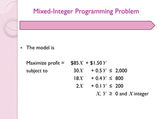 Mixed-Integer Programming Problem
 The model is
Maximize profit = $85X + $1.50Y
subject to 30X + 0.5Y ≤ 2,000
18X + 0.4Y ≤ 800
2X + 0.1Y ≤ 200
X, Y ≥ 0 and X integer
 
