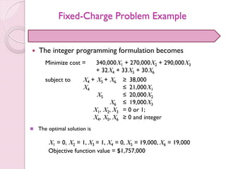 Fixed-Charge Problem Example
 The integer programming formulation becomes
Minimize cost = 340,000X1 + 270,000X2 + 290,000X3
+ 32X4 + 33X5 + 30X6
subject to X4 + X5 + X6 ≥ 38,000
X4 ≤ 21,000X1
X5 ≤ 20,000X2
X6 ≤ 19,000X3
X1, X2, X3 = 0 or 1;
X4, X5, X6 ≥ 0 and integer
 The optimal solution is
X1 = 0, X2 = 1, X3 = 1, X4 = 0, X5 = 19,000, X6 = 19,000
Objective function value = $1,757,000
 