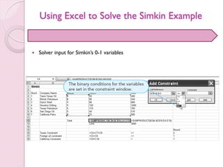 Using Excel to Solve the Simkin Example
 Solver input for Simkin’s 0-1 variables
 