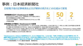 事例︓⽇本経済新聞社
⽇経電⼦版の記事検索およびログ解析の両⽅を1つの仕組みで実現
利⽤範囲の広さで Elasticsearch を採⽤
Elasticsearch を選定したのは、記事検索とログの可視化の両⽅に
使える利⽤範囲の広さが最⼤の理由
15台のクラスタ構成で、1秒あたり9000リクエスト以上という⾼
い性能を発揮
記事検索とログ解析に Elasticsearch を活⽤
⽇経電⼦版の記事は、5年分で約200万件、データサイズは5GB。記事の更新は、1⽇あたり数千回、ピーク時には1分間に300件程度の記事が更
新。検索における利⽤者からのアクセスは、1秒あたり100回程度だが、1秒あたり数千回のアクセスも想定
ログ解析で Elasticsearch を利⽤した最⼤のメリットは、専⾨的な深い知識がなくてもログ解析が可能になること。Elasticsearch と Kibana を利⽤
したログ解析により、たとえば、記事検索のレスポンスにどれくらいの時間がかかっているかを容易に解析でき、アプリケーションのどこにボトルネックがあるのか、
改善するべき機能はどこなのかを迅速に把握できる
https://www.elastic.co/jp/customers/nikkei
“Elasticsearch と Kibana を活⽤することで、エンジニア秘伝の“タレ（ shell 芸）”を使って可視化していたログ解析を URL や、
画像で即座に社内共有できるようになりました。これまではログ解析ができるエンジニアが2⼈しかいなかったのですが、Elasticsearch と
Kibana を利⽤することで、秘伝のタレが不要になり、ログ解析ができるエンジニアを6⼈以上に増やすことができましたようになりました。"
– 日本経済新聞社 デジタル編成局 編成部 梅崎裕利氏
 