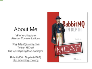 About Me
VP of Architecture 
AWeber Communications
!
Blog: http://gavinroy.com
Twitter: @Crad
GitHub: https://github.com/gmr
!
RabbitMQ in Depth (MEAP)
http://manning.com/roy
 