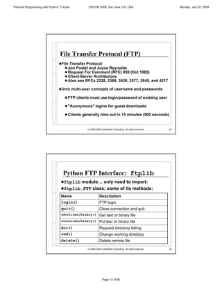 "Internet Programming with Python" Tutorial        OSCON 2009, San Jose, CA, USA                                 Monday, July 20, 2009




                                   File Transfer Protocol (FTP)
                                  !File Transfer Protocol
                                     ! Jon Postel and Joyce Reynolds
                                     ! Request For Comment (RFC) 959 (Oct 1985)
                                     ! Client-Server Architecture
                                     ! Also see RFCs 2228, 2389, 2428, 2577, 2640, and 4217

                                  !Unix multi-user concepts of username and passwords

                                       ! FTP clients must use login/password of existing user

                                       ! "Anonymous" logins for guest downloads

                                       ! Clients generally time out in 15 minutes (900 seconds)


                                                   (c)1998-2009 CyberWeb Consulting. All rights reserved.   23




                                      Python FTP Interface: ftplib
                                    !ftplib module… only need to import:
                                    !ftplib.FTP class; some of its methods:
                                    Name                      Description
                                    login()                   FTP login
                                    quit()                    Close connection and quit
                                    retrlines/binary()        Get text or binary file
                                    storlines/binary()        Put text or binary file
                                    dir()                     Request directory listing
                                    cwd()                     Change working directory
                                    delete()                  Delete remote file

                                                   (c)1998-2009 CyberWeb Consulting. All rights reserved.   24




                                                                Page 12 of 60
 