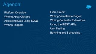 Agenda
Platform Overview
Writing Apex Classes
Accessing Data using SOQL
Writing Triggers
Extra Credit:
Writing Visualforce Pages
Writing Controller Extensions
Using the REST APIs
Unit Testing
Batching and Scheduling
 