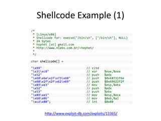 Shellcode Example (1)




 http://www.exploit-db.com/exploits/13365/
                @johndegruyter
 