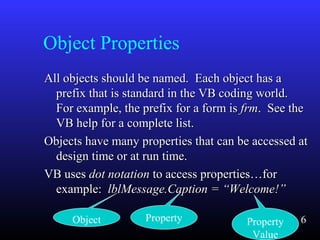 Object Properties
All objects should be named. Each object has aAll objects should be named. Each object has a
prefix that is standard in the VB coding world.prefix that is standard in the VB coding world.
For example, the prefix for a form isFor example, the prefix for a form is frmfrm. See the. See the
VB help for a complete list.VB help for a complete list.
Objects have many properties that can be accessed atObjects have many properties that can be accessed at
design time or at run time.design time or at run time.
VB usesVB uses dot notationdot notation to access properties…forto access properties…for
example:example: lblMessage.Caption = “Welcome!”lblMessage.Caption = “Welcome!”
Object Property Property
Value
6
 