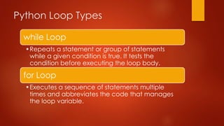 Python Loop Types 
while Loop 
•Repeats a statement or group of statements 
while a given condition is true. It tests the 
condition before executing the loop body. 
for Loop 
•Executes a sequence of statements multiple 
times and abbreviates the code that manages 
the loop variable. 
 