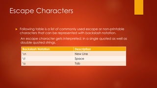 Escape Characters 
 Following table is a list of commonly used escape or non-printable 
characters that can be represented with backslash notation. 
An escape character gets interpreted; in a single quoted as well as 
double quoted strings. 
Backslash Notation Description 
n New Line 
t Space 
s Tab 
 