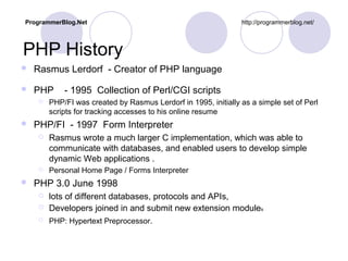 PHP History
 Rasmus Lerdorf - Creator of PHP language
 PHP - 1995 Collection of Perl/CGI scripts
 PHP/FI was created by Rasmus Lerdorf in 1995, initially as a simple set of Perl
scripts for tracking accesses to his online resume
 PHP/FI - 1997 Form Interpreter
 Rasmus wrote a much larger C implementation, which was able to
communicate with databases, and enabled users to develop simple
dynamic Web applications .
 Personal Home Page / Forms Interpreter
 PHP 3.0 June 1998
 lots of different databases, protocols and APIs,
 Developers joined in and submit new extension modules
 PHP: Hypertext Preprocessor.
ProgrammerBlog.Net http://programmerblog.net/
 
