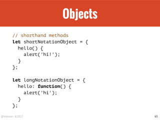 Async/Await
// Traditional callback
const get = (url, cb) => {
const req = new XMLHttpRequest();
req.onreadystatechange = () => {
if (req.readyState === 4 && req.status !== 200) {
cb(req.responseText);
}
}
req.open("GET", url);
req.send(null);
};
get('/api/fruits', (response) => {
console.log('loaded', response);
});
65
 