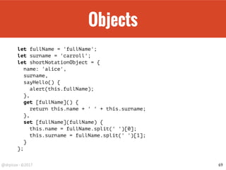 Async/Await
// Promises creation
const failAfter = (ms) => {
return new Promise((resolve, reject) => {
setTimeout(reject, ms);
});
};
failAfter(5000).then(() => {
console.log('5 seconds passed');
}, () => {
console.log('it has failed');
});
69
 