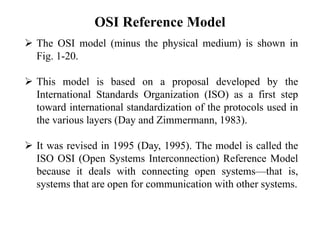 OSI Reference Model
➢ The OSI model (minus the physical medium) is shown in
Fig. 1-20.
➢ This model is based on a proposal developed by the
International Standards Organization (ISO) as a first step
toward international standardization of the protocols used in
the various layers (Day and Zimmermann, 1983).
➢ It was revised in 1995 (Day, 1995). The model is called the
ISO OSI (Open Systems Interconnection) Reference Model
because it deals with connecting open systems—that is,
systems that are open for communication with other systems.
 