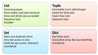 List
General purpose
Most widely used data structure
Grow and shrink size as needed
Sequence type
Sortable
Tuple
Immutable (can’t add/change)
Useful for fixed data
Faster than Lists
Sequence type
Set
Store non-duplicate items
Very fast access vs Lists
Math Set ops (union, intersect)
Unordered
Dict
Key/Value pairs
Associative array, like Java HashMap
Unordered
 