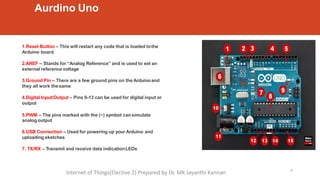 Aurdino Uno
1.Reset Button – This will restart any code that is loaded tothe
Arduino board
2.AREF – Stands for “Analog Reference” and is used to set an
external reference voltage
3.Ground Pin – There are a few ground pins on the Arduinoand
they all work thesame
4.Digital Input/Output – Pins 0-13 can be used for digital input or
output
5.PWM – The pins marked with the (~) symbol cansimulate
analogoutput
6.USB Connection – Used for powering up your Arduino and
uploading sketches
7. TX/RX – Transmit and receive data indicationLEDs
9
Internet of Things(Elective 2) Prepared by Dr. MK Jayanthi Kannan
 