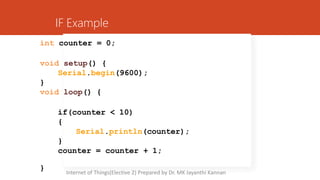 int counter = 0;
void setup() {
Serial.begin(9600);
}
void loop() {
if(counter < 10)
{
Serial.println(counter);
}
counter = counter + 1;
}
IF Example
Internet of Things(Elective 2) Prepared by Dr. MK Jayanthi Kannan
 