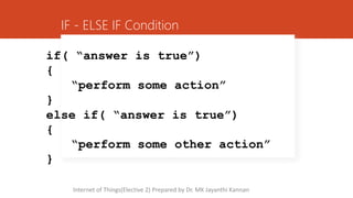 IF - ELSE IF Condition
if( “answer is true”)
{
“perform some action”
}
else if( “answer is true”)
{
“perform some other action”
}
Internet of Things(Elective 2) Prepared by Dr. MK Jayanthi Kannan
 