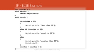 int counter = 0;
void setup() {
Serial.begin(9600);
}
void loop() {
}
IF - ELSE Example
if(counter < 10)
{
Serial.println(“less than 10”);
}
else if (counter == 10)
{
Serial.println(“equal to 10”);
}
else
{
Serial.println(“greater than 10”);
Serial.end();
}
counter = counter + 1;
IoT _Arduino UNO, RaspberryPi with Pythonand Smart City
 