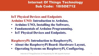 Internet Of Things Technology
Sub Code: 18ISDE712
IoT Physical Devices and Endpoints
Arduino UNO: Introduction to Arduino,
• Arduino UNO, Installing the Software,
• Fundamentals of Arduino Programming.
• IoT Physical Devices and Endpoints.
RaspberryPi: Introduction to RaspberryPi,
• About the RaspberryPi Board: Hardware Layout,
• Operating Systems on RaspberryPi, Configuring.
5
Internet of Things(Elective 2) Prepared by Dr. MK Jayanthi Kannan
 