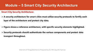 Module – 5 Smart City Security Architecture
Smart City Security Architecture:
 A security architecture for smart cities must utilize security protocols to fortify each
layer of the architecture and protect city data.
 Figure shows a reference architecture, with specific security elements highlighted.
 Security protocols should authenticate the various components and protect data
transport throughout.
Internet of Things(Elective 2) Prepared by Dr. MK Jayanthi Kannan
 