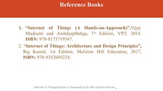 Reference Books
79
Hands-on-Approach)”,Vijay
1. “Internet
Madisetti 1st
of Things (A
and ArshdeepBahga, Edition, VPT, 2014.
ISBN: 978-8173719547.
2. “Internet of Things: Architecture and Design Principles”,
Raj Kamal, 1st Edition, McGraw Hill Education, 2017,
ISBN: 978-9352605224.
Internet of Things(Elective 2) Prepared by Dr. MK Jayanthi Kannan
 