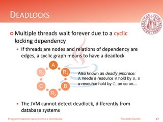 Programmazione concorrente e distribuita
DEADLOCKS
 Multiple threads wait forever due to a cyclic
locking dependency
 If threads are nodes and relations of dependency are
edges, a cyclic graph means to have a deadlock
 The JVM cannot detect deadlock, differently from
database systems
17Riccardo Cardin
A
R1
B
R2
C
R3 Also known as deadly embrace:
A needs a resource R hold by B, B
a resource hold by C, an so on...
 
