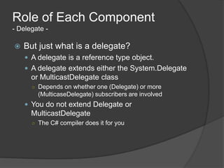 Role of Each Component
- Delegate -

   But just what is a delegate?
     A delegate is a reference type object.
     A delegate extends either the System.Delegate
      or MulticastDelegate class
      ○ Depends on whether one (Delegate) or more
        (MulticaseDelegate) subscribers are involved
     You do not extend Delegate or
      MulticastDelegate
      ○ The C# compiler does it for you
 
