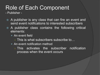 Role of Each Component
- Publisher -

   A publisher is any class that can fire an event and
    send event notifications to interested subscribers
   A publisher class contains the following critical
    elements:
     An event field
      ○ This is what subscribers subscribe to…
     An event notification method
      ○ This   activates the subscriber notification
         process when the event occurs
 