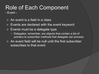 Role of Each Component
- Event -

   An event is a field in a class
   Events are declared with the event keyword
   Events must be a delegate type
     Delegates, remember, are objects that contain a list of
      pointers to subscriber methods that delegate can process
   An event field will be null until the first subscriber
    subscribes to that event
 