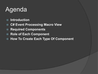 Agenda
   Introduction
   C# Event Processing Macro View
   Required Components
   Role of Each Component
   How To Create Each Type Of Component
 