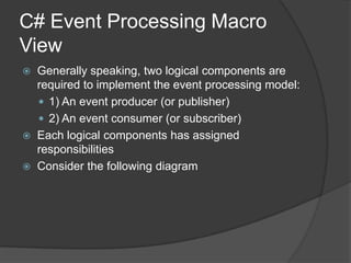 C# Event Processing Macro
View
   Generally speaking, two logical components are
    required to implement the event processing model:
     1) An event producer (or publisher)
     2) An event consumer (or subscriber)
   Each logical components has assigned
    responsibilities
   Consider the following diagram
 