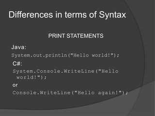 Differences in terms of Syntax

           PRINT STATEMENTS

Java:
System.out.println("Hello world!");
 C#:
 System.Console.WriteLine("Hello
  world!");
 or
 Console.WriteLine("Hello again!");
 