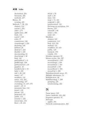 410 Index
declaration, 266
hierarchy, 266
methods, 267
Menus, 32
creating, 229
Methods, 7, 38, 130
abstract, 132
action( ), 294
add( ), 274
applet class, 288
body, 134
catch( ), 185
color, 37
constructors, 138
createImage( ), 230
declaring, 130
defined, 28
destroy( ), 222
disable( ), 230
documenting, 63
drawString( ), 48
final, 132
getGraphics( ), 41
getMessage, 198
getParameter( ), 40
graphics, 46
handleEvent( ), 53
hide( ), 230
init( ), 28, 130
main( ), 87
modifiers, 131
native, 132, 292
overloading, 137
overriding, 43, 137, 170
paint( ), 29, 44
parameter lists, 133
parse( ), 89
private, 132
protected, 131
public, 131
resume( ), 220
return type, 133
Run( ), 29, 214
sleep( ), 50
start( ), 29
static, 132
stop( ), 51, 221
suspend( ), 220
synchronized, 132
throwing an exception, 194
throws, 133
valueOf( ), 89
write( ), 184
yield, 221
Modifiers
abstract, 121
constructor, 143
final, 123, 150
method, 131
modifiers, 33, 119
public, 120
transient, 150
volatile, 150
Modulus operator, 99
Mouse events, 304, 307
mouseDown( ), 307
mouseDrag( ), 309
mouseEnter( ), 310
mouseExit( ), 310
mouseMove( ), 309
mouseUp( ), 308
Multidimensional arrays, 85
Multiple inheritance, 14
Multiplication, 98
Multithreading, 7, 208
grouping, 226
synchronizing, 222
N
Name space, 129
Native methods, 132, 292
Negation operator, 97
Netscape
applet, 294
Network communication, 292
 