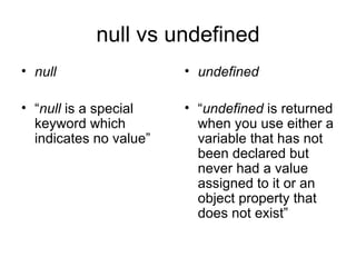 null vs undefined null “ null  is a special keyword which indicates no value” undefined “ undefined  is returned when you use either a variable that has not been declared but never had a value assigned to it or an object property that does not exist” 