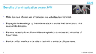 © 2015 IBM Corporation11
Benefits of a virtualization aware JVM
 Make the most efficient use of resources in a virtualized environment.
 Propagate the knowledge up the software stack to enable load balancers to take
appropriate decisions.
 Remove necessity for multiple middle-ware products to understand intricacies of
hypervisors.
 Provide unified interface to be able to deal with a multitude of hypervisors.
 