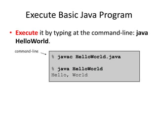 Execute Basic Java Program
• Execute it by typing at the command-line: java
HelloWorld.
 