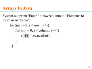Arrays In Java
System.out.print("Enter " + row*column + " Elements to
Store in Array :n");
for (int i = 0; i < row; i++){
for(int j = 0; j < column; j++){
a[i][j] = sc.nextInt();
}
}
160
 