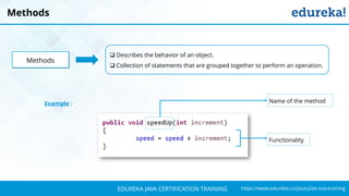 `
https://www.edureka.co/java-j2ee-soa-trainingEDUREKA JAVA CERTIFICATION TRAINING
Methods
 Describes the behavior of an object.
 Collection of statements that are grouped together to perform an operation.
Methods
Example : Name of the method
Functionality
 